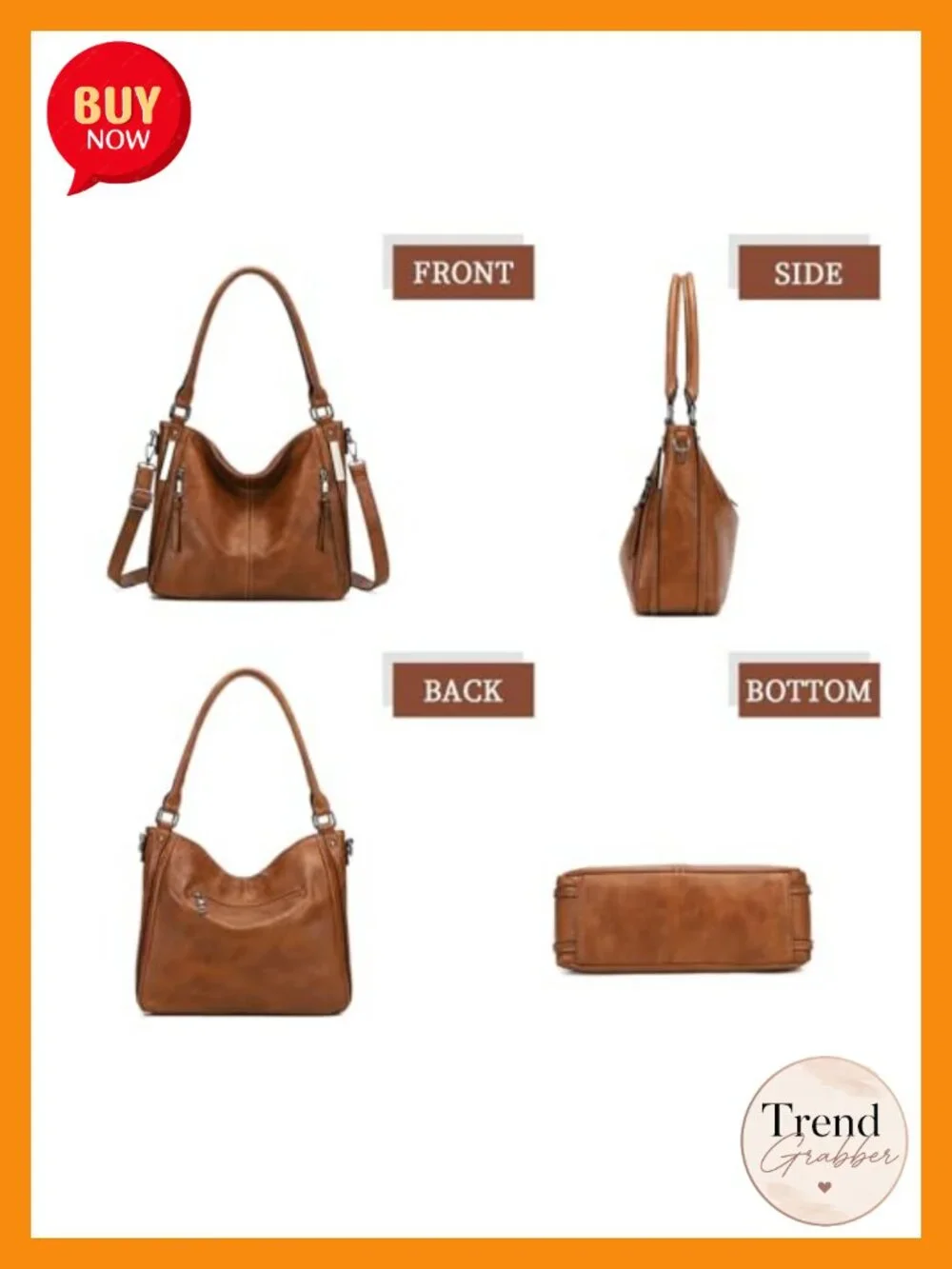 Large Hobo Tote Bag Soft PU Leather Shoulder Handbag Multiple Compartments